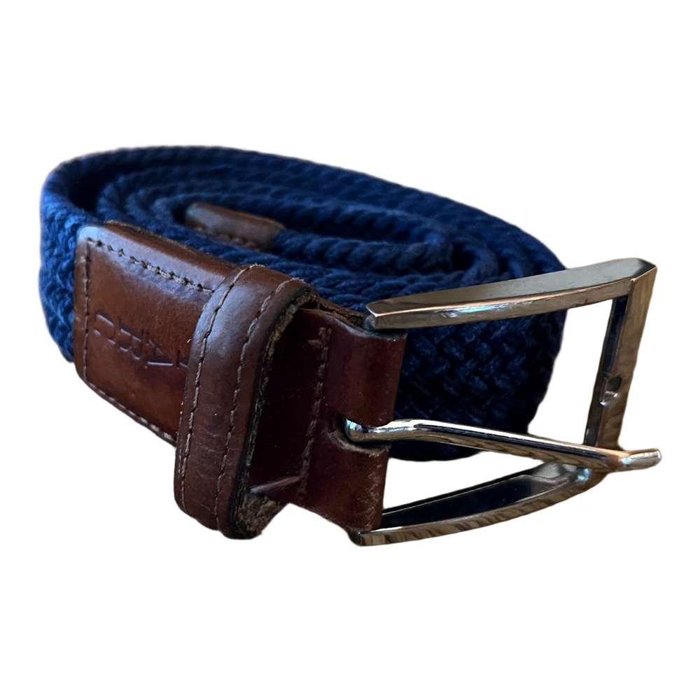 PARC Navy Blue Braided Woven Belt Brown Leather Accents Silver Buckle Small